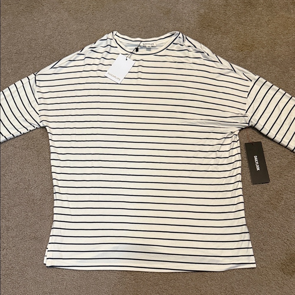 Sugarlips Navy and White Striped Long Sleeve Top